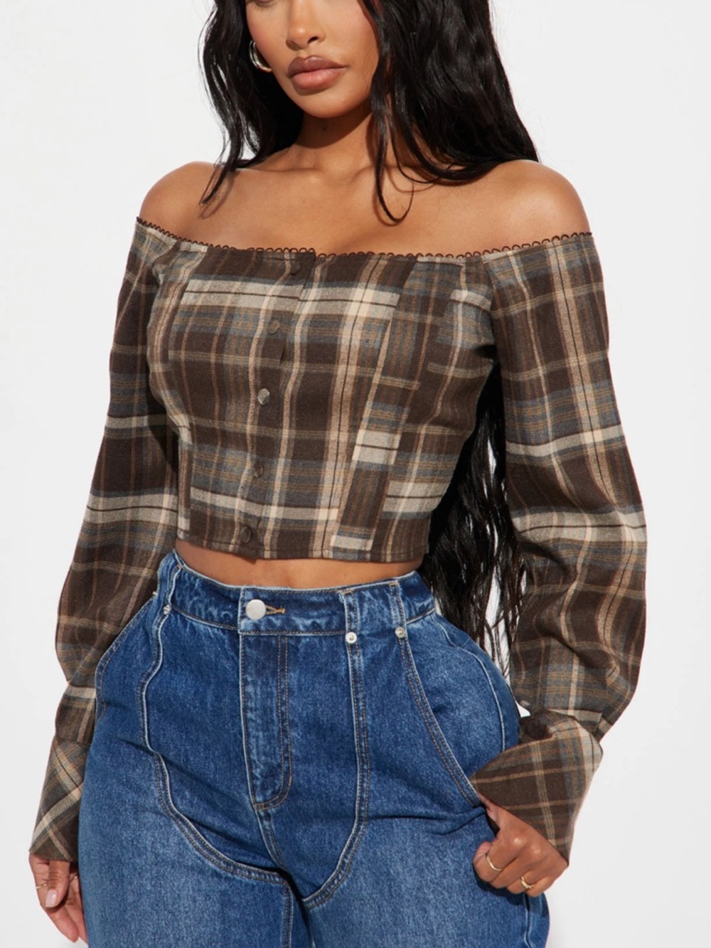 Fashion Nova Brown Plaid Off-Shoulder Crop Top